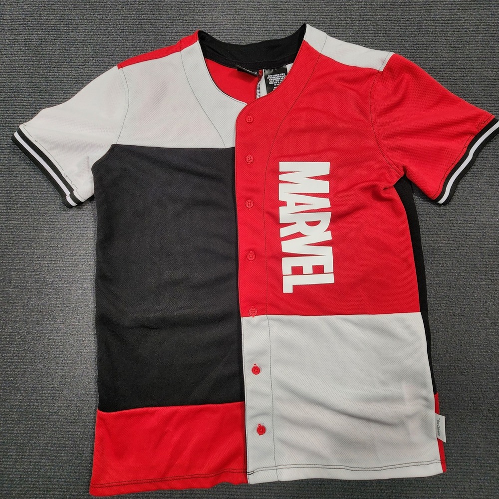 Marvel Jersey Kids XL Red Black White Colorblock Button Up Logo Shirt